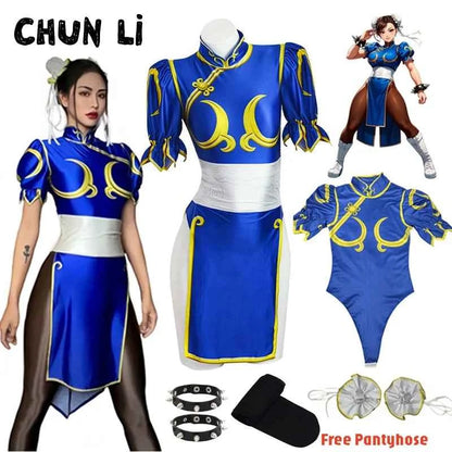 Women's Street Fighter Chun Li Cosplay Costume Game Fighter Chunli Blue Cheongsam with Headdress and Waistband Halloween Costume