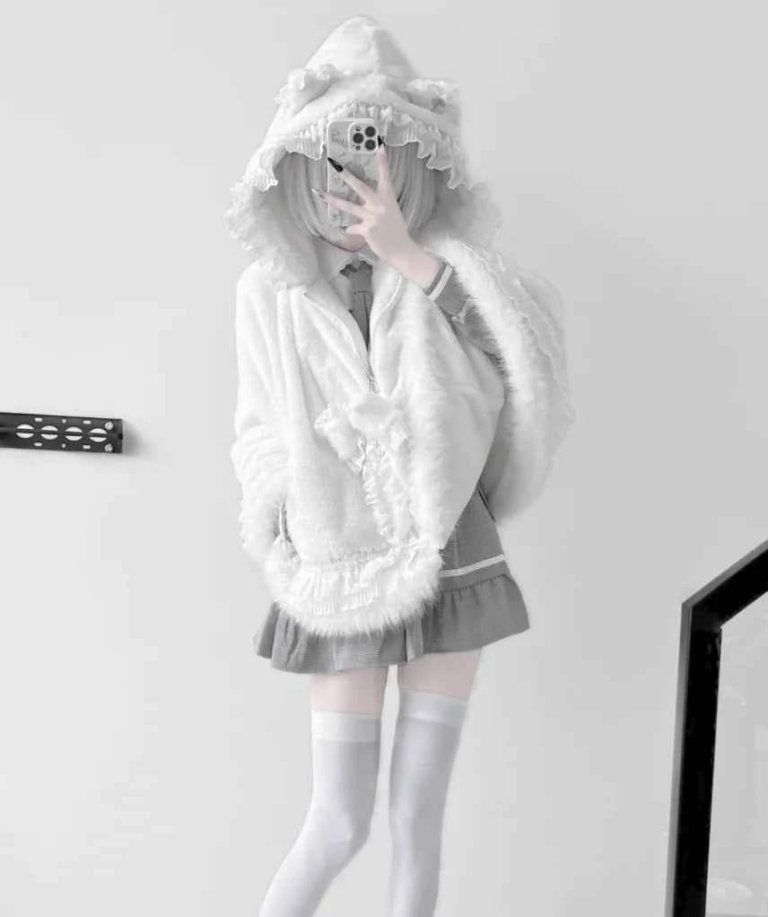 Japanese Mine Lace Splicing Cute Bow Lolita Shawl Jacket Autumn and Winter New Sweet Girl Loose Warm Plush Cape Coat Women