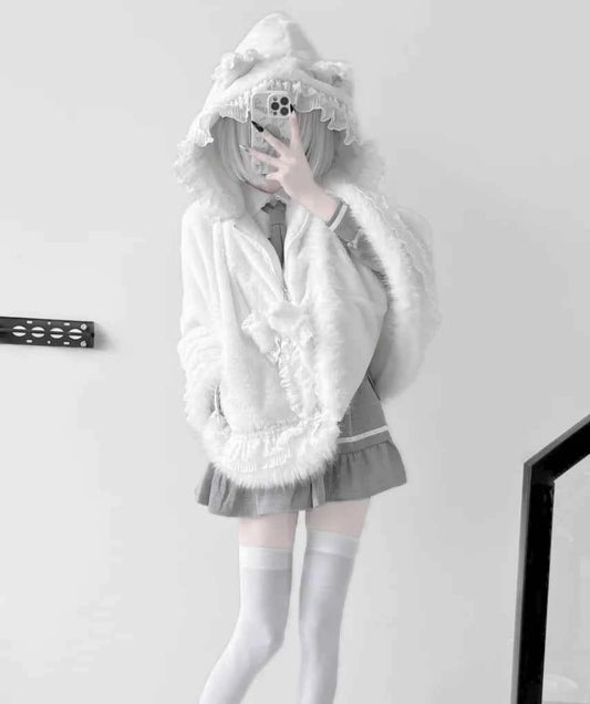 Japanese Mine Lace Splicing Cute Bow Lolita Shawl Jacket Autumn and Winter New Sweet Girl Loose Warm Plush Cape Coat Women