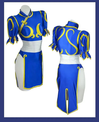 Chun Li Cosplay Dress Set - Women's Blue Qipao Game Costume Outfit