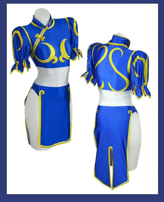 Chun Li Cosplay Dress Set - Women's Blue Qipao Game Costume Outfit