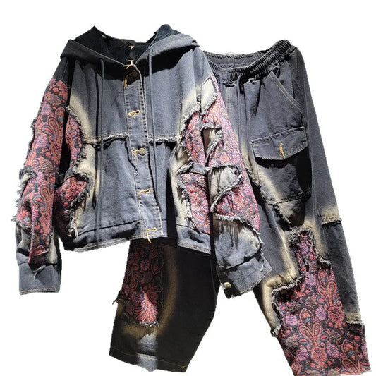 DEAT Women's Patchwork Denim Hooded Jacket and High Waist Wide Leg Pants Set