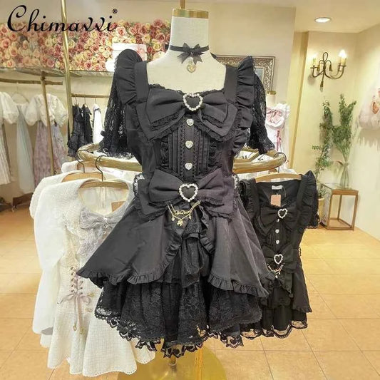 Liz New Japanese Lolita Princess Dress Set Spring Summer Big Bow Spring Summer Short Sleeve Slim Sweet Dress and Shorts Set