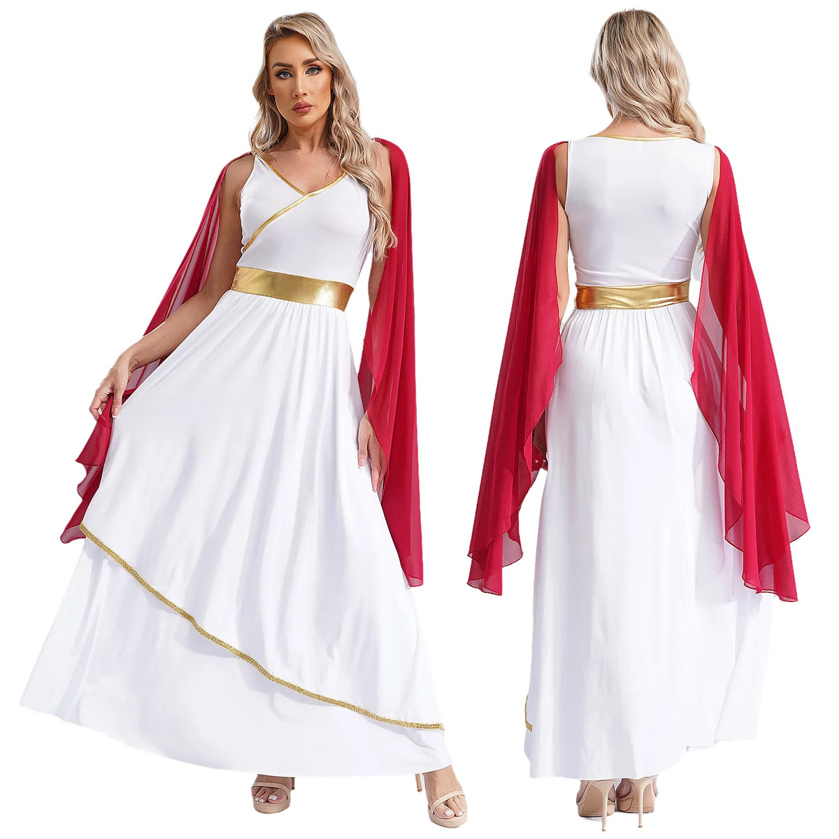 Womens One-Shoulder Greek Goddess Costume Dress with Chiffon Overlay