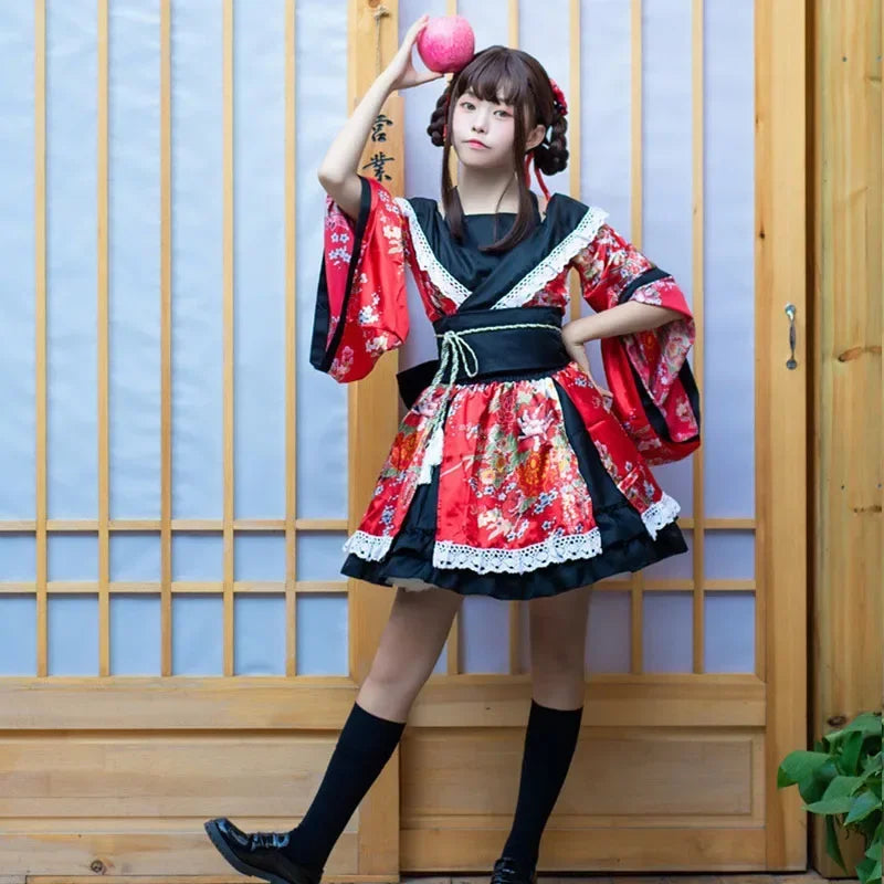 Traditional Japanese Kimono Dress for Women - Printed Pink