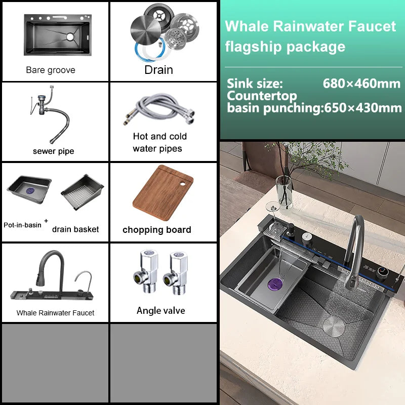 BOSX Stainless Steel Kitchen Sink with Waterfall Faucet