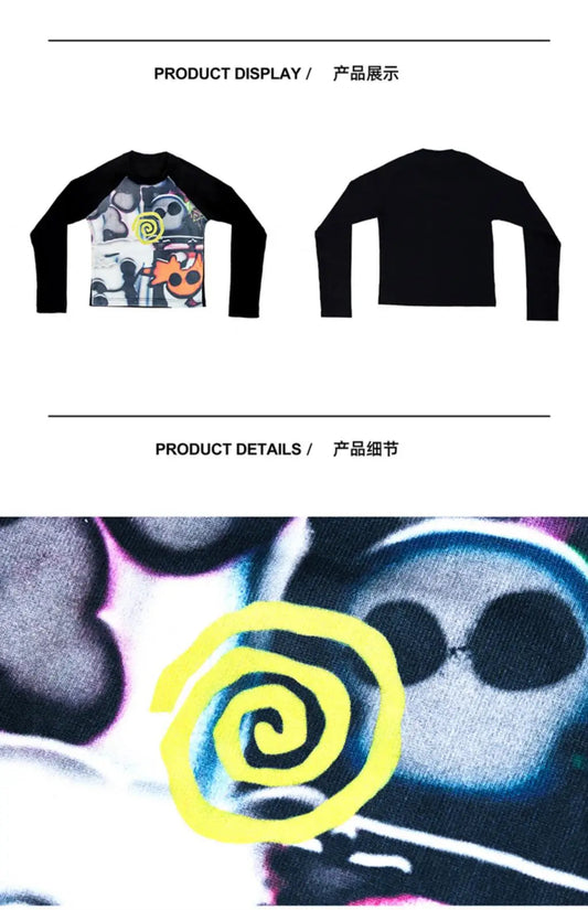 Women Vortex Skull Print Long Sleeve Raglan Stitch Backing T-Shirt Tops Fairy Grunge Graphic Vintage Y2k Slim Long Sleeve Top SS69