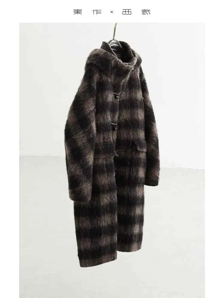 Plaid Coat~ Retro Style Horn Button Mid-Length Coat Women's Alpaca Wool Coat 2025 Winter British Style