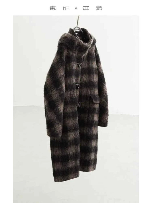 Plaid Coat~ Retro Style Horn Button Mid-Length Coat Women's Alpaca Wool Coat 2025 Winter British Style