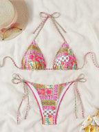 Swimsuit 2025 Female Micro Bikini Women Swimwear Summer Beachwear Women's Bathing Suit Floral Print Neck Halter Thong Bikini Set SS69