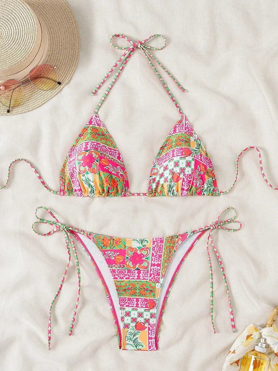 Swimsuit 2025 Female Micro Bikini Women Swimwear Summer Beachwear Women's Bathing Suit Floral Print Neck Halter Thong Bikini Set SS69