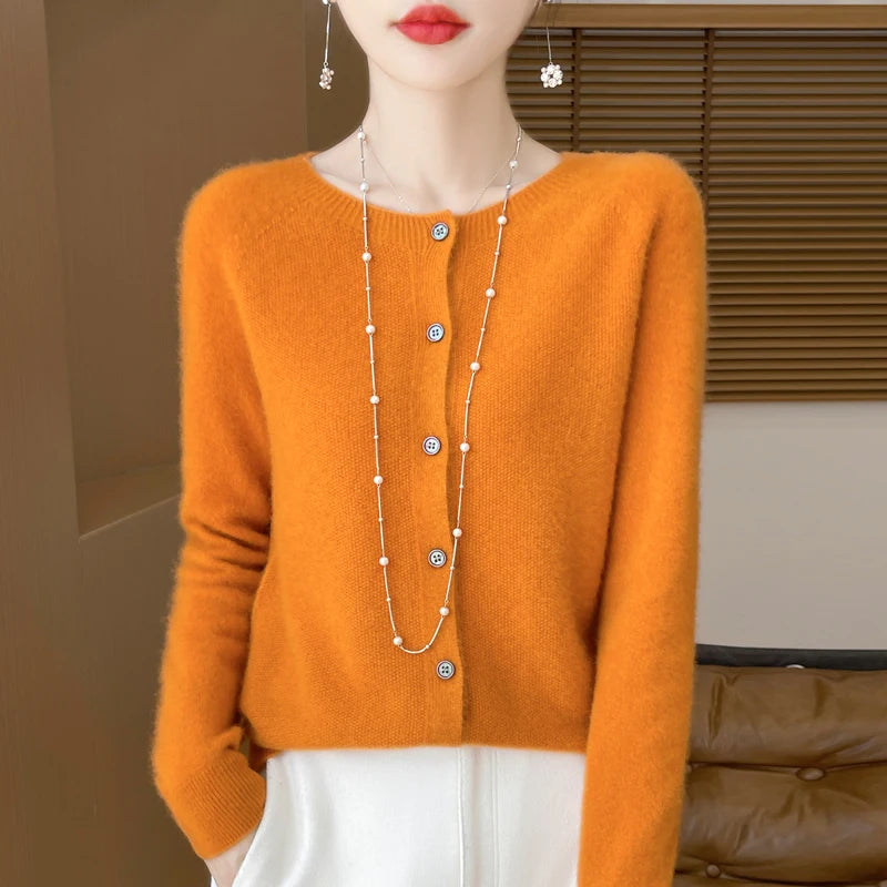 100%Merino Wool Cardigan Women's Round Neck Casual High-Quality AutumnWinter Solid Color Jacket Knit Basic Sweater Pure Wool Top SS69 23.69 Orange / M / CHINA