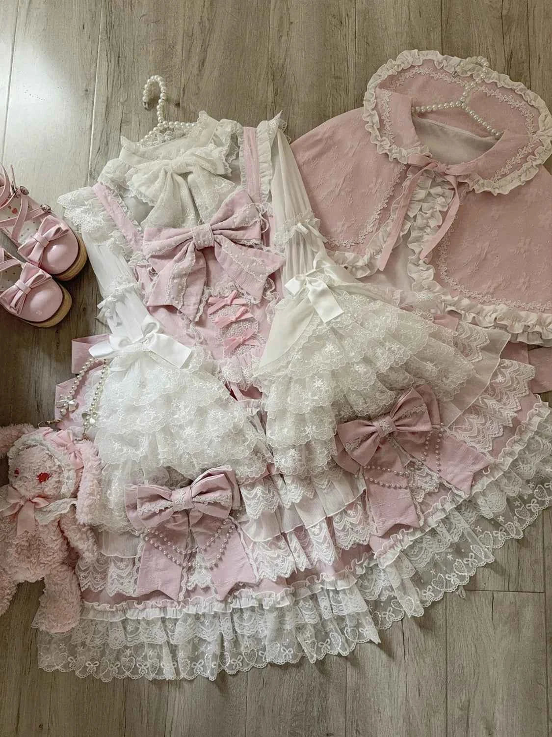 Women's Pink Lolita Dress Cape Set New Spring Women's Sweet Girl Lace Princess Jsk Cake Dress Fairy Suspender Dress Shirt Outfit