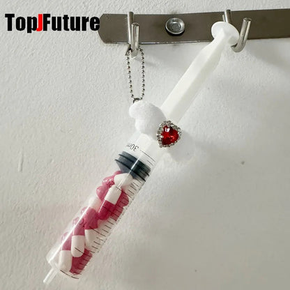 Harajuku Goth Lolita Y2K Girl Blood vessel pendant Halloween cosplay props Syringe Hospital ornament Pill bottle Key Chain SS69 8.69 red white