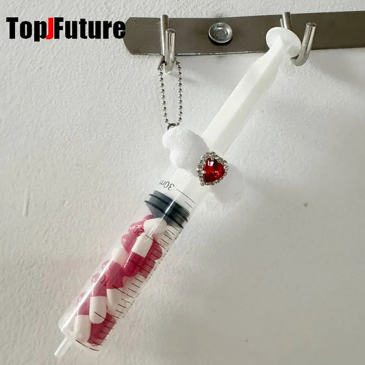 Harajuku Goth Lolita Y2K Girl Blood vessel pendant Halloween cosplay props Syringe Hospital ornament Pill bottle Key Chain SS69 8.69 red white