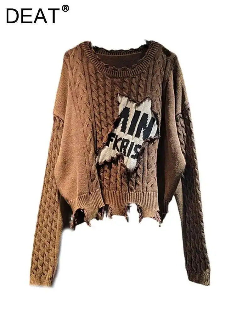 DEAT Women's Loose Knit Patchwork Lantern Sleeve Sweater