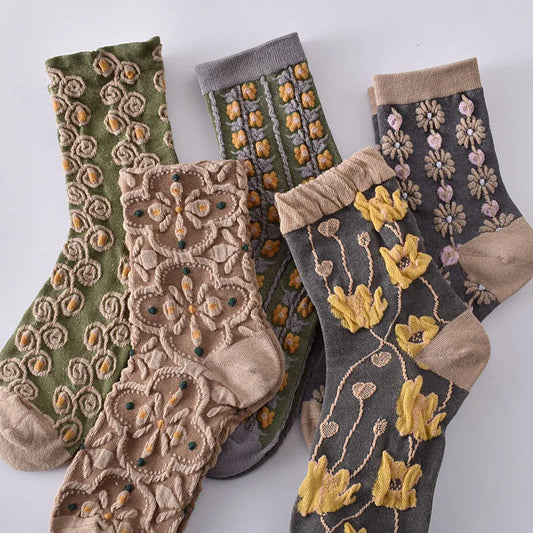 Cotton Fashion Korea Harajuku Retro Floral Vintage Woman Socks Novelty Ethnic Elegant Casual Ladies Girls Dress Brown Sox Autumn SS69
