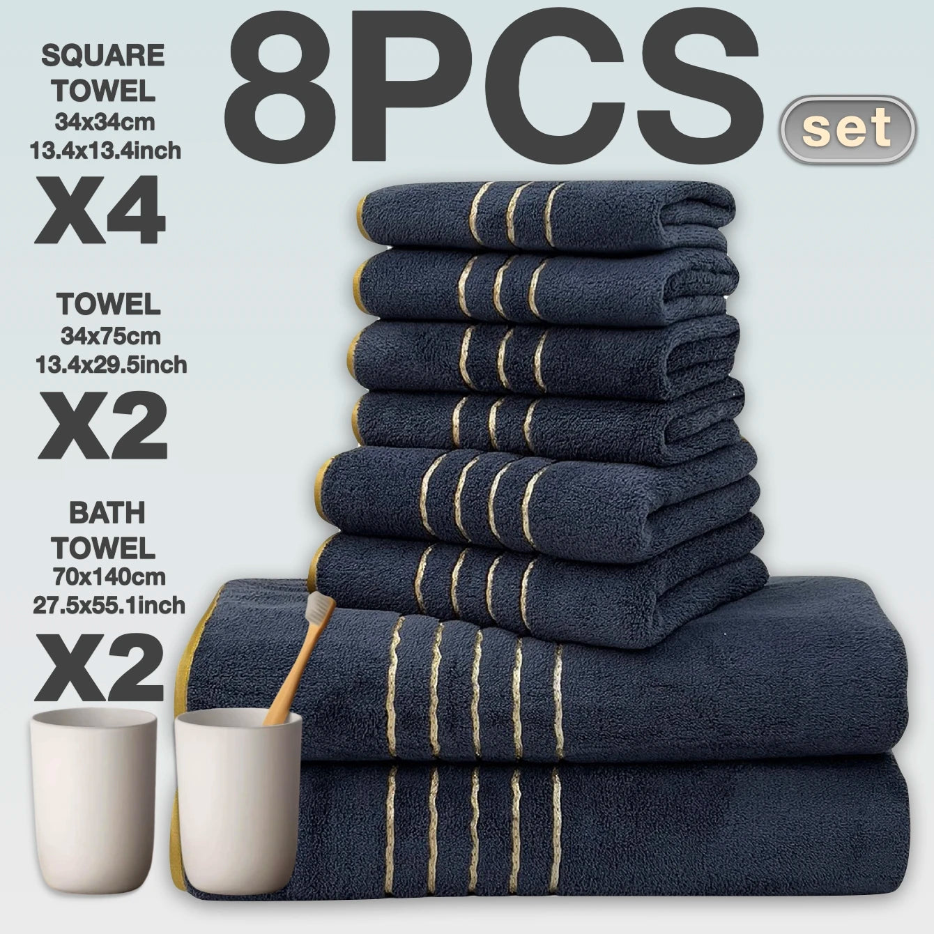 2/3/6/8 Pcs Bath Towel Set White & Gray with Gold Accents, Soft Absorbent Premium Towels for Home, Hotel & Bathroom
