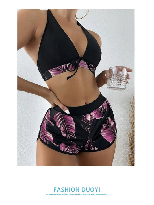 Women 2024 New Bikinis 6 Colors Sexy Halter Bikini 3 Piece Set Leafs Print High Waisted Swimsuit Beach Bathing Suit Size S-XXL SS69