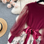 SINGREINY Senior Knitted Patchwork Dress Long Lantern Sleeves Bow Mesh Embroidery Floral Women Autumn France Elegant Party Dress