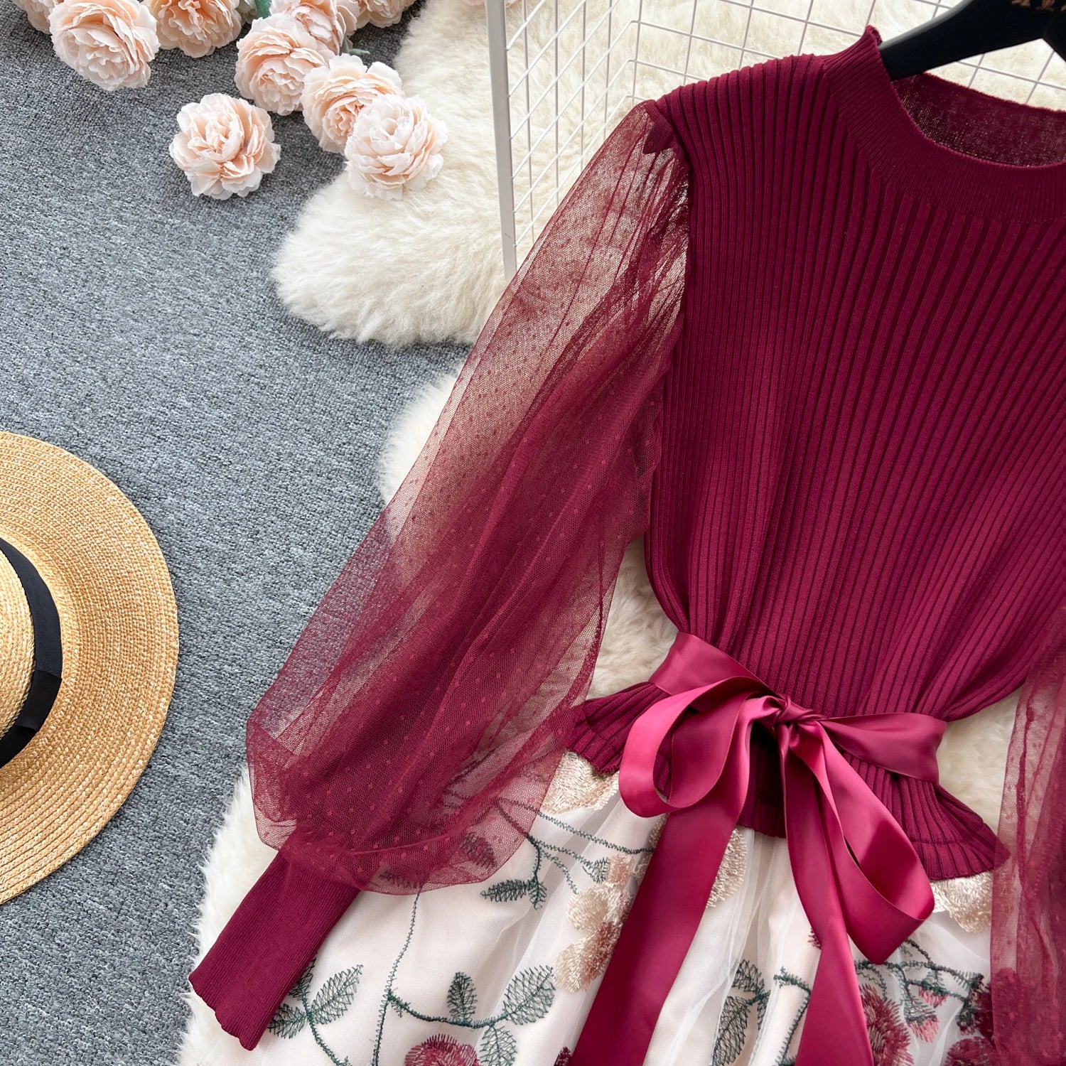 SINGREINY Senior Knitted Patchwork Dress Long Lantern Sleeves Bow Mesh Embroidery Floral Women Autumn France Elegant Party Dress