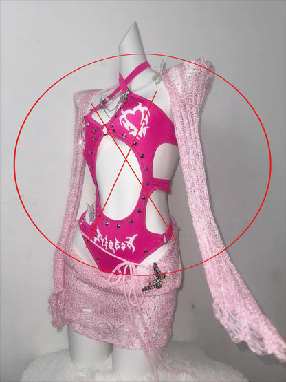 Original Barbie Powder Flash Three-dimensional Rivet-cut Onesie Tattered Wool Knitted Skirt Spice Girl For Suit SS69 45.69 smock / One Size