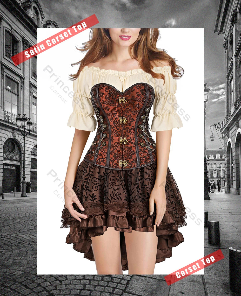 Brown Pirate Dress Plus Size Faxu Leather Steampunk Corset Dress with Shoulder Off Blouse Cosplay Pirate Costume for Women SS69