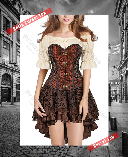 Brown Pirate Dress Plus Size Faxu Leather Steampunk Corset Dress with Shoulder Off Blouse Cosplay Pirate Costume for Women SS69
