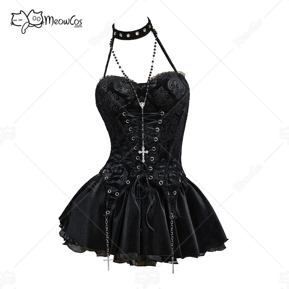 MEOWCOS Women's Misa Gothic Black Corset and Layered Skirt Set with Gloves