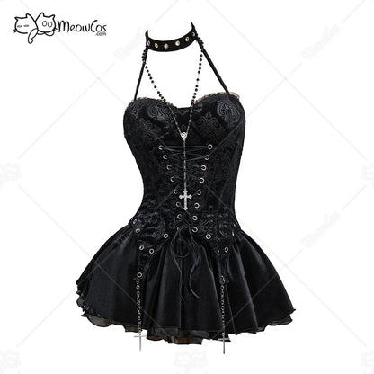 MEOWCOS Women's Misa Gothic Black Corset and Layered Skirt Set with Gloves