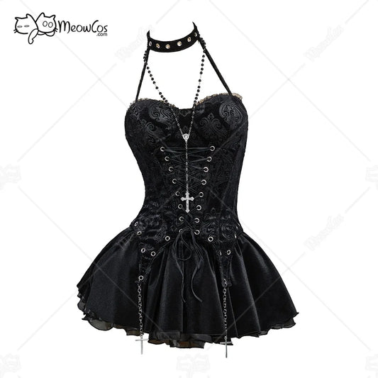 MEOWCOS Women's Misa Gothic Black Corset and Layered Skirt Set with Gloves