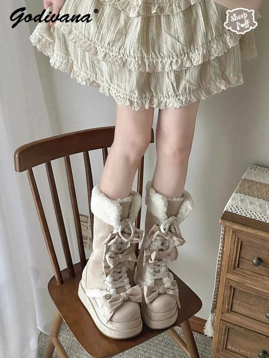 Lolita Winter Calf Boots Original Cute Bow Women's Warm Snow Boots Plush Warm Girl Female Suede Long Fur Boots