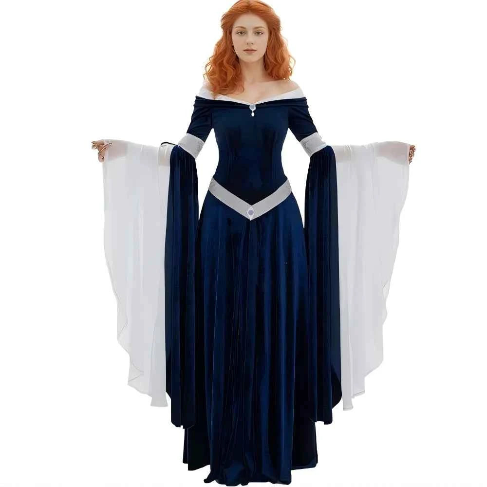 DAIZBELLA Women's Medieval Renaissance Costume Elf Style Off Shoulder Green Velvet Long Slim-fit Dress with Chiffon Sleeves