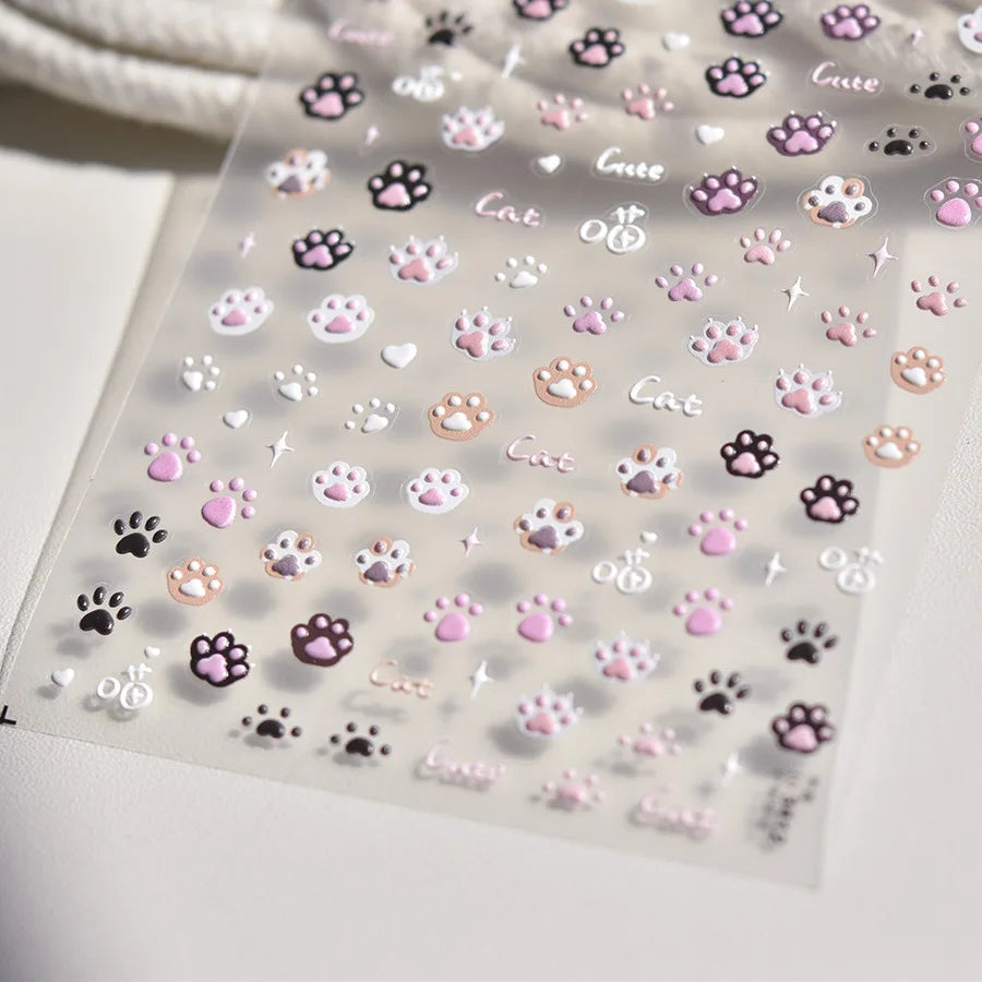 Cute Jelly Pink Cat Paw Print Nail Sticker Kawaii Pink Black Cat Claw 5D Embossed Self-Adhesive Nail Art Sticker Nail Art Decal SS69
