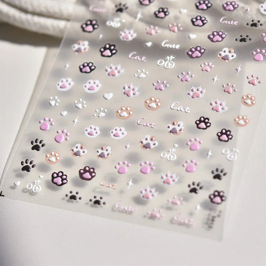 Cute Jelly Pink Cat Paw Print Nail Sticker Kawaii Pink Black Cat Claw 5D Embossed Self-Adhesive Nail Art Sticker Nail Art Decal SS69