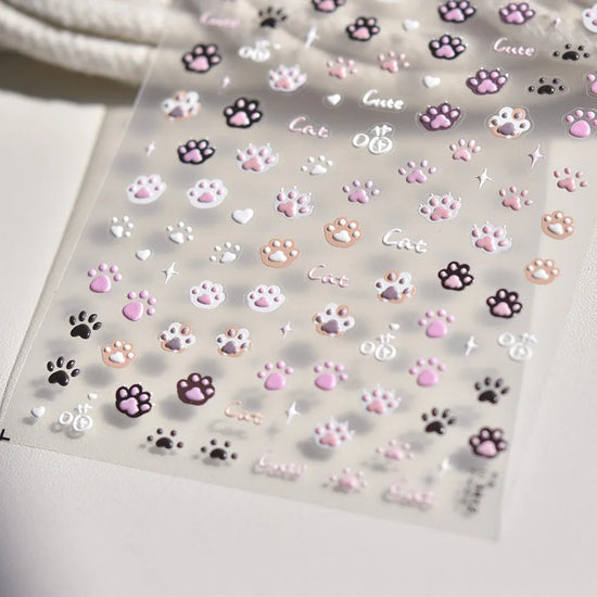 Cute Jelly Pink Cat Paw Print Nail Sticker Kawaii Pink Black Cat Claw 5D Embossed Self-Adhesive Nail Art Sticker Nail Art Decal SS69