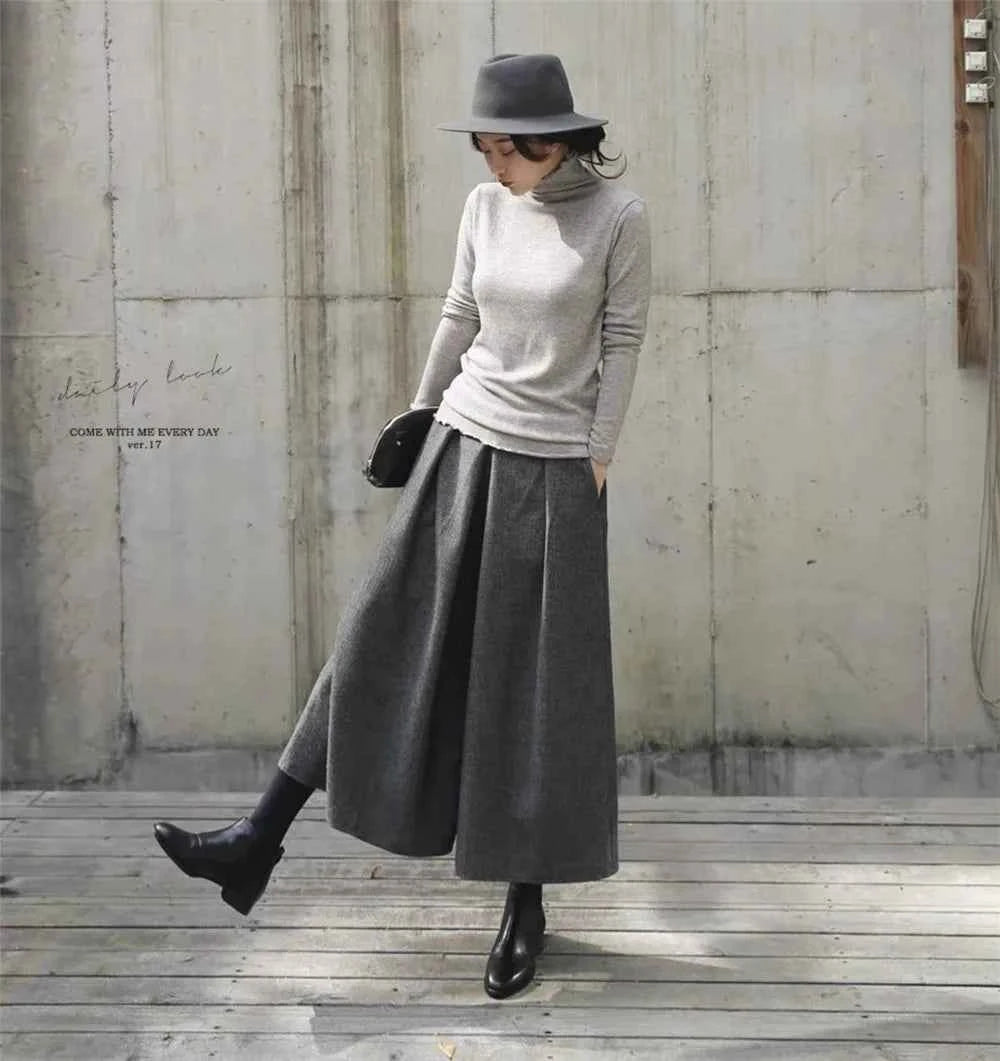 Loose Woolen Wide Leg Skirts Pants Women Pleated Casual Pants Winter Autumn Straight Trousers Elastic High Waist Fat Leg Pants