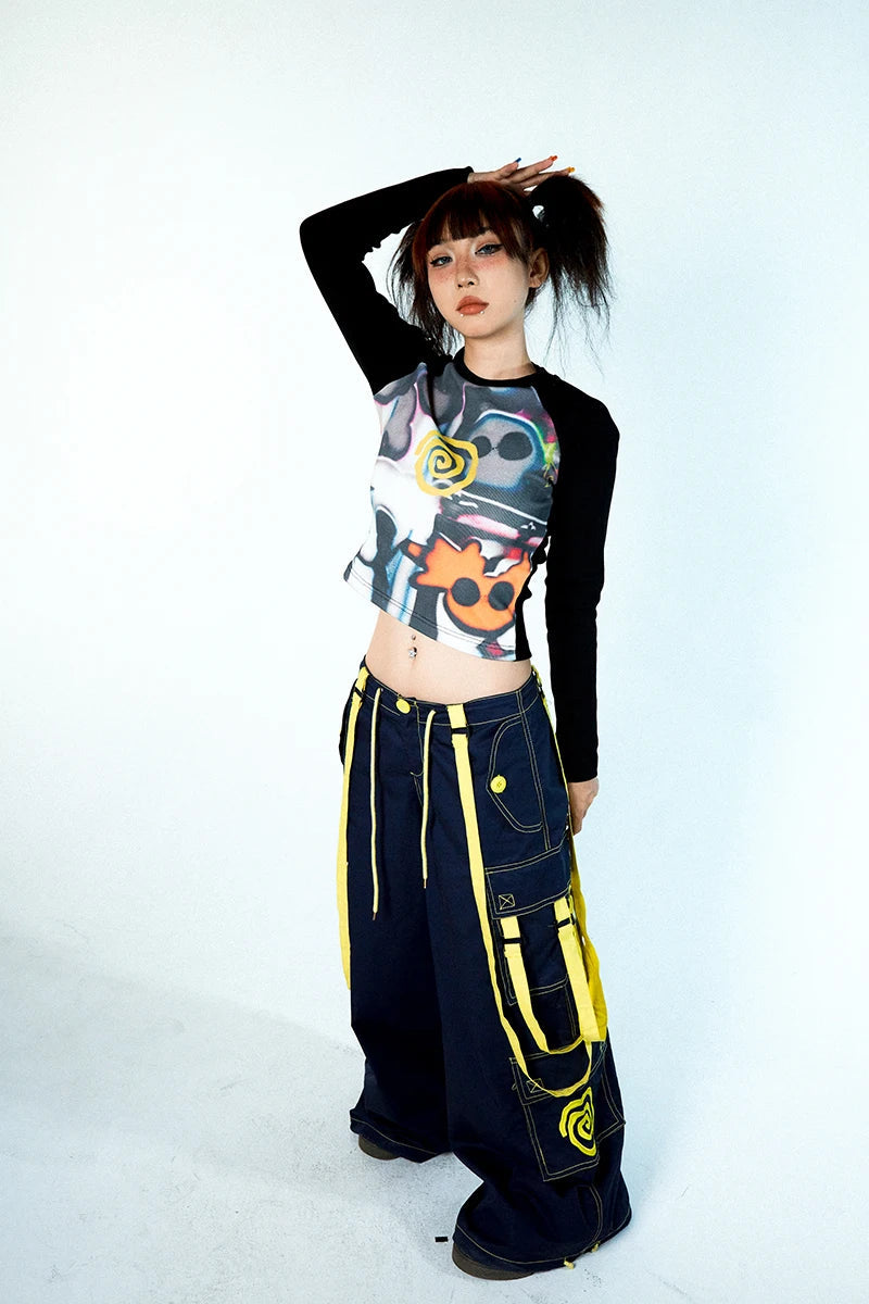 Women Vortex Skull Print Long Sleeve Raglan Stitch Backing T-Shirt Tops Fairy Grunge Graphic Vintage Y2k Slim Long Sleeve Top SS69