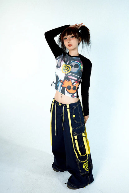 Women Vortex Skull Print Long Sleeve Raglan Stitch Backing T-Shirt Tops Fairy Grunge Graphic Vintage Y2k Slim Long Sleeve Top SS69