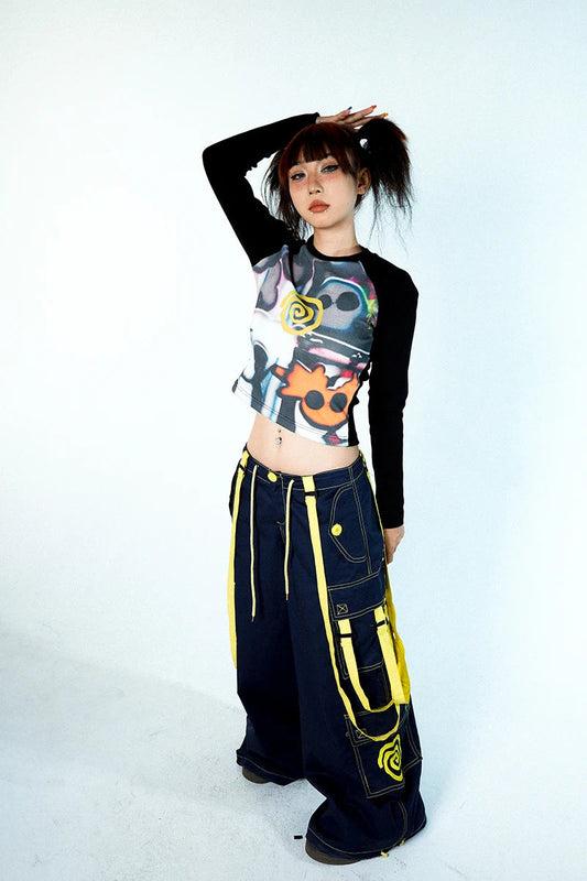 Women Vortex Skull Print Long Sleeve Raglan Stitch Backing T-Shirt Tops Fairy Grunge Graphic Vintage Y2k Slim Long Sleeve Top SS69