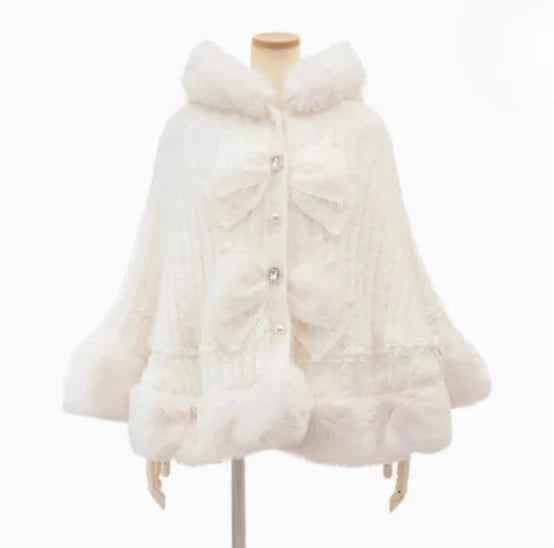 Autumn and Winter Japanese Liz Furry Knitted Cape Coat Sweet Girls Women Mine Series Cute Bow Princess Hooded Kawaii Lolita Coat