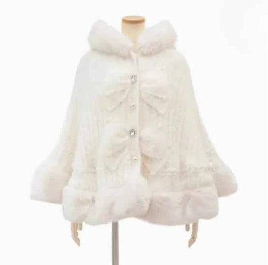 Autumn and Winter Japanese Liz Furry Knitted Cape Coat Sweet Girls Women Mine Series Cute Bow Princess Hooded Kawaii Lolita Coat