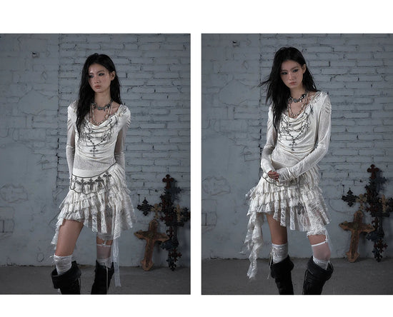 NO ROMANCE Fairy Sexy Punk Printing Half Transparent Lace Patch Knitted Long Sleeve Hooded Dresses Rock Gothic Design Vestidos SS69