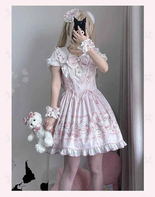Original New Spring Summer Cute Print Short-sleeved Lolita OP Dress Japanese Sweet Girl Mass-produced Kawaii Bow Short Dresses