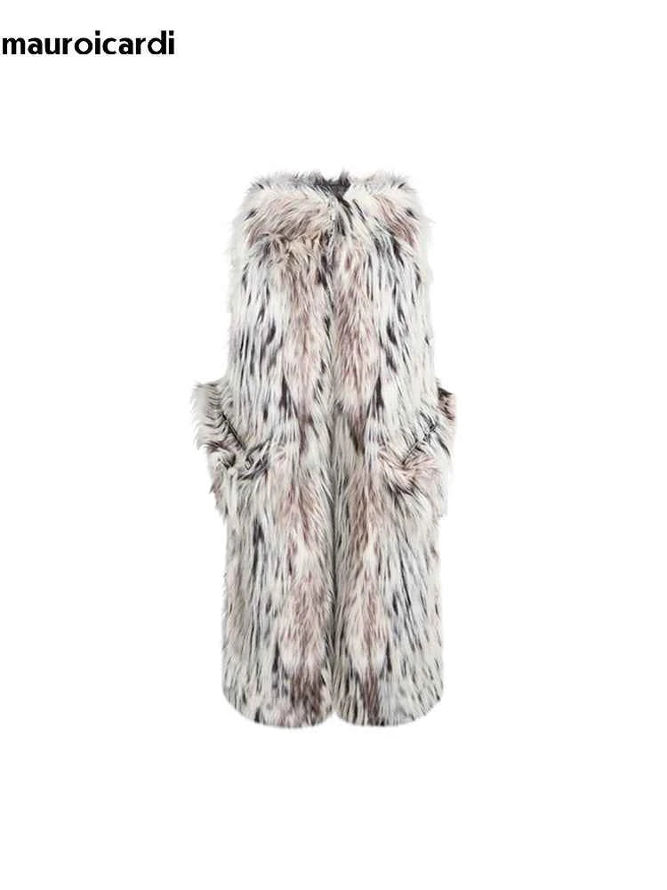 Mauroicardi Autumn Winter Long Colorful Thick Warm Hairy Fluffy Faux Fur Wide Leg Pants Men Pockets Runway Fashion Streetwear