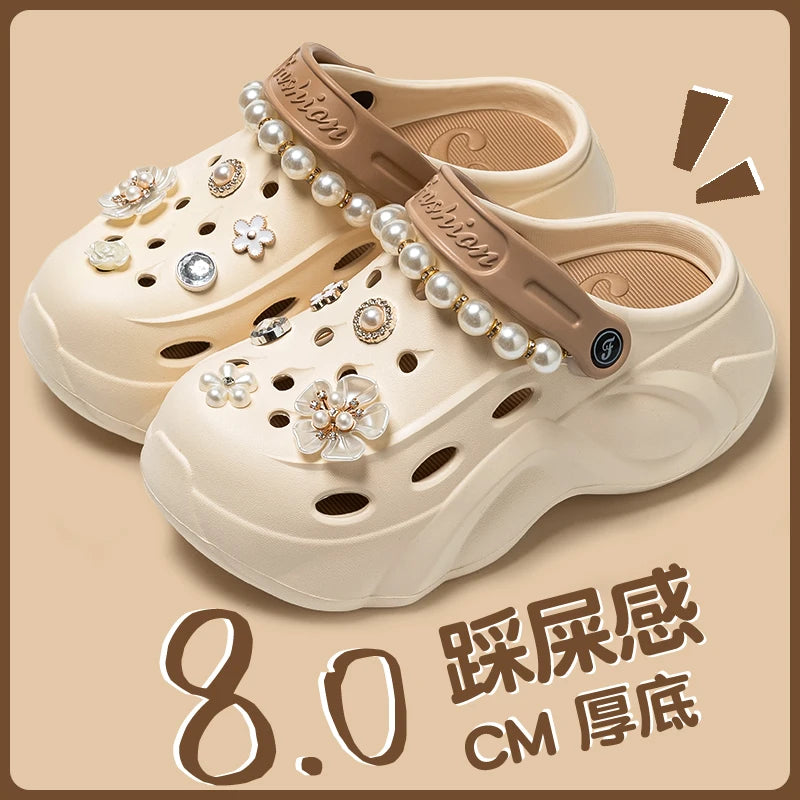 Summer Fashion Pearl Chain DIY Clogs Women 2025 Chunky Platform Slip On Sandals Women Thick Bottom EVA Slippers Shoes Woman Heel