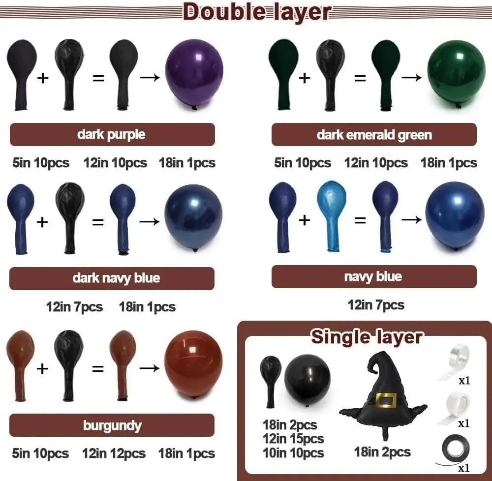 Halloween Balloon Arch Double Stuffed, Dark Green Navy Blue Burgundy Purple Black Balloon Garland Kit for Halloween Birthday Witch Gothic Spooky Magic Party Decoration
