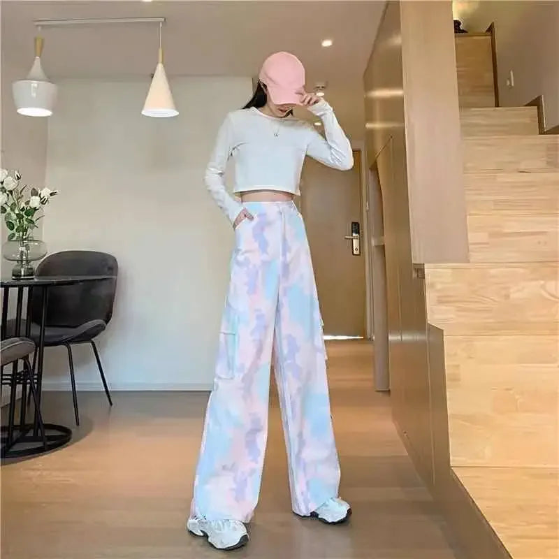 Women Harajuku Tie Dye Cargo Pants Spring Summer New Korean Fashion Streetwear High Waist Loose Versatile Sports Casual Trousers SS69