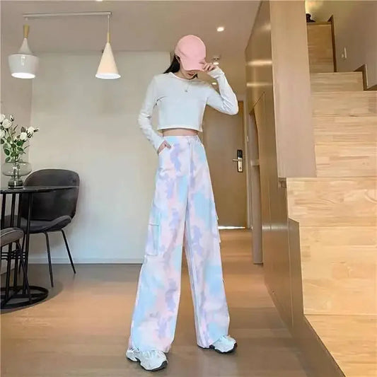 Women Harajuku Tie Dye Cargo Pants Spring Summer New Korean Fashion Streetwear High Waist Loose Versatile Sports Casual Trousers SS69