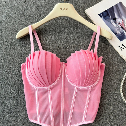 korean fashion mesh summer Fashion fishbone camis Corset  Slim Hotsweet Tank Top Women sweet crop top SS69